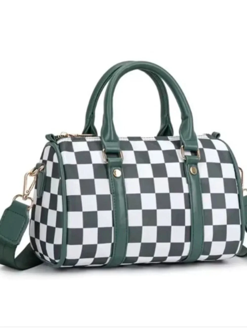 Green White Checker Ella Boston Bag Nylon Mini Duffle Crossbody Travel Purse